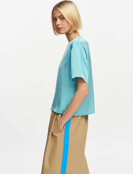 Blauwe oversized top van satijn