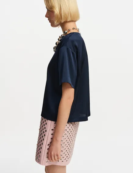 Navy blue oversized satin top