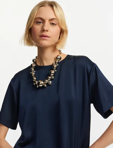 Navy blue oversized satin top