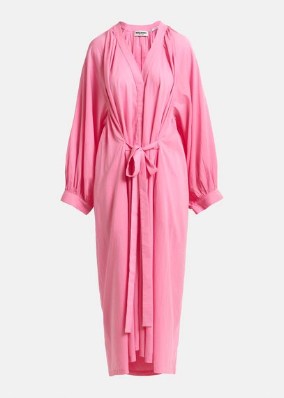 Pink cotton maxi-length dress with ties