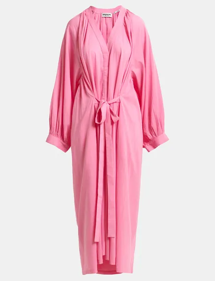 Pink cotton maxi-length dress with ties