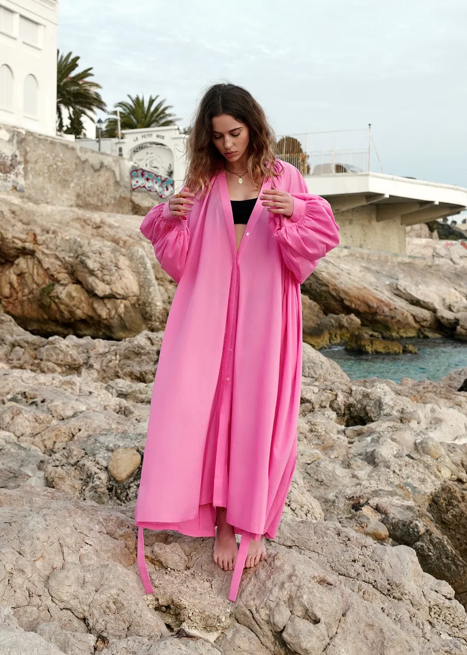 Pink cotton maxi-length dress with ties