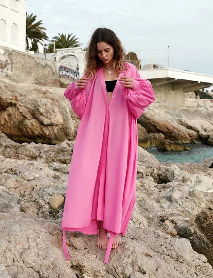 Pink cotton maxi-length dress with ties