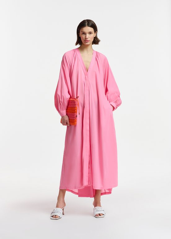 Pink cotton maxi-length dress with ties