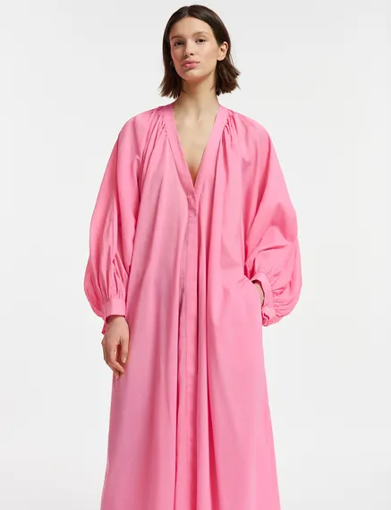 Pink cotton maxi-length dress with ties