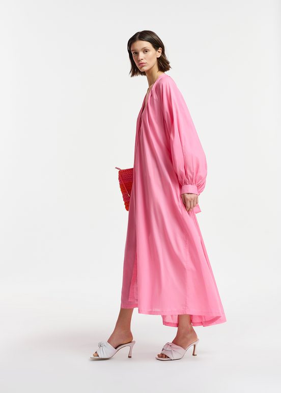 Pink cotton maxi-length dress with ties