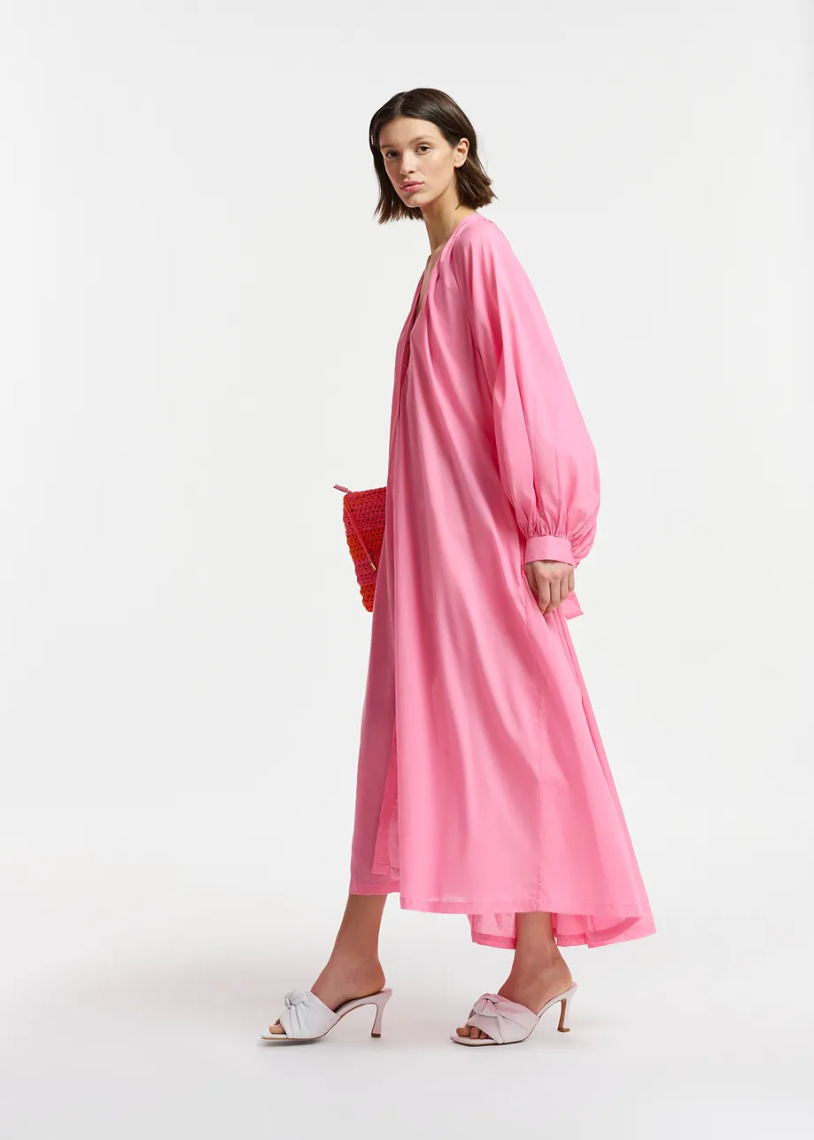 Pink cotton maxi-length dress with ties