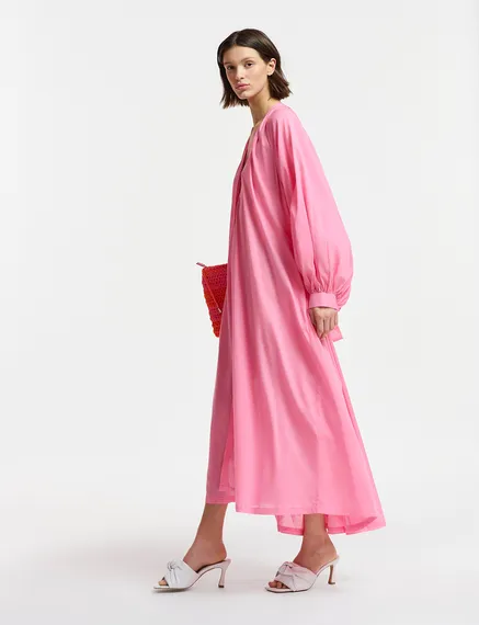 Pink cotton maxi-length dress with ties