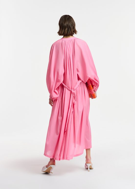 Pink cotton maxi-length dress with ties