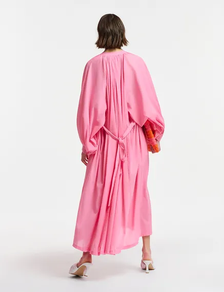 Pink cotton maxi-length dress with ties