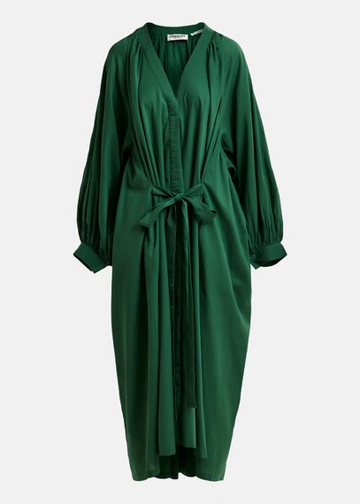 Dark green cotton maxi-length dress with ties