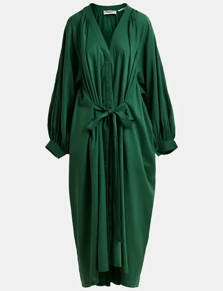 Dark green cotton maxi-length dress with ties