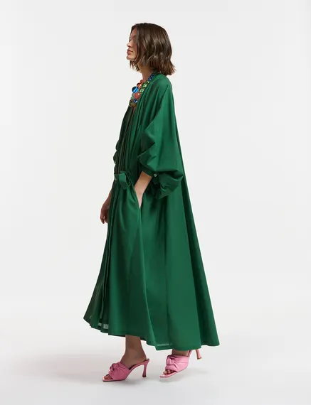 Dark green cotton maxi-length dress with ties