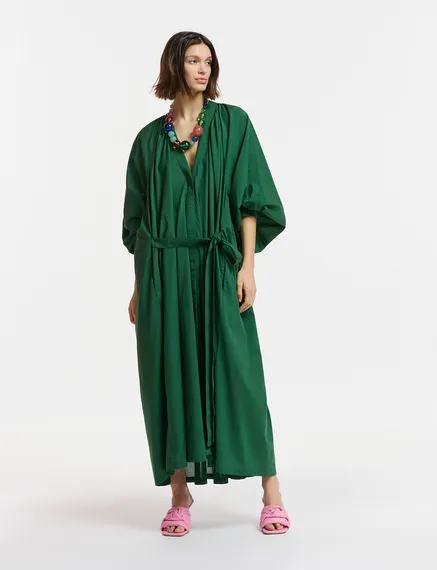 Dark green cotton maxi-length dress with ties