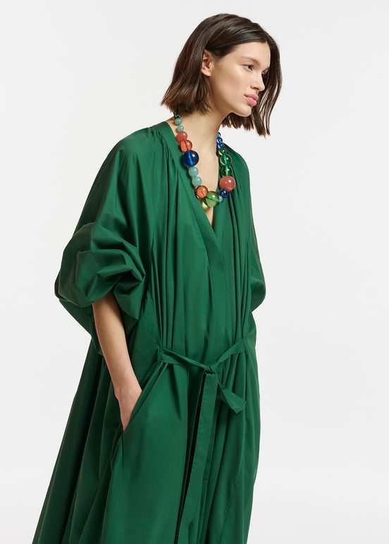 Dark green cotton maxi-length dress with ties