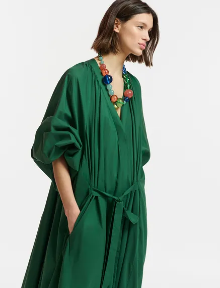 Dark green cotton maxi-length dress with ties