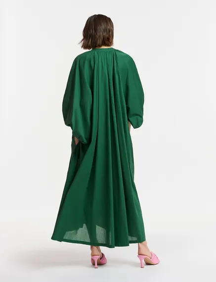 Dark green cotton maxi-length dress with ties