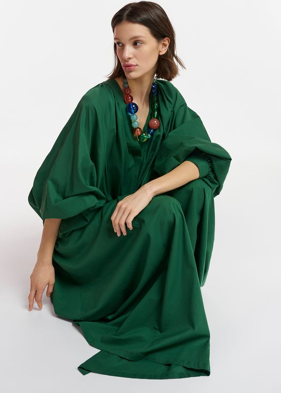 Dark green cotton maxi-length dress with ties