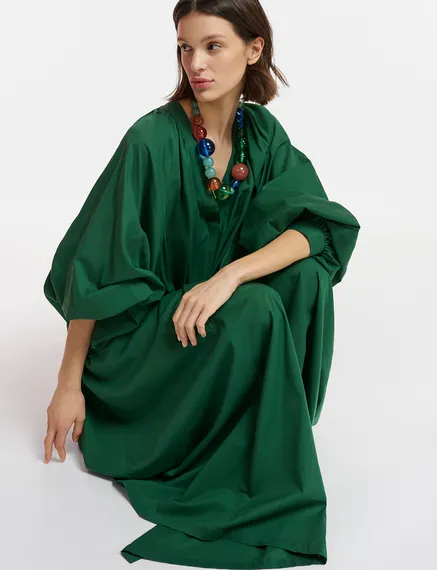 Dark green cotton maxi-length dress with ties