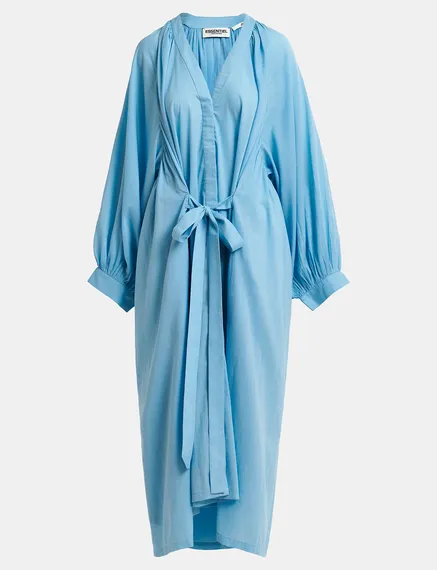 Blue cotton maxi-length dress with ties