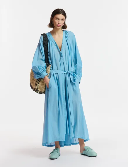 Blue cotton maxi-length dress with ties