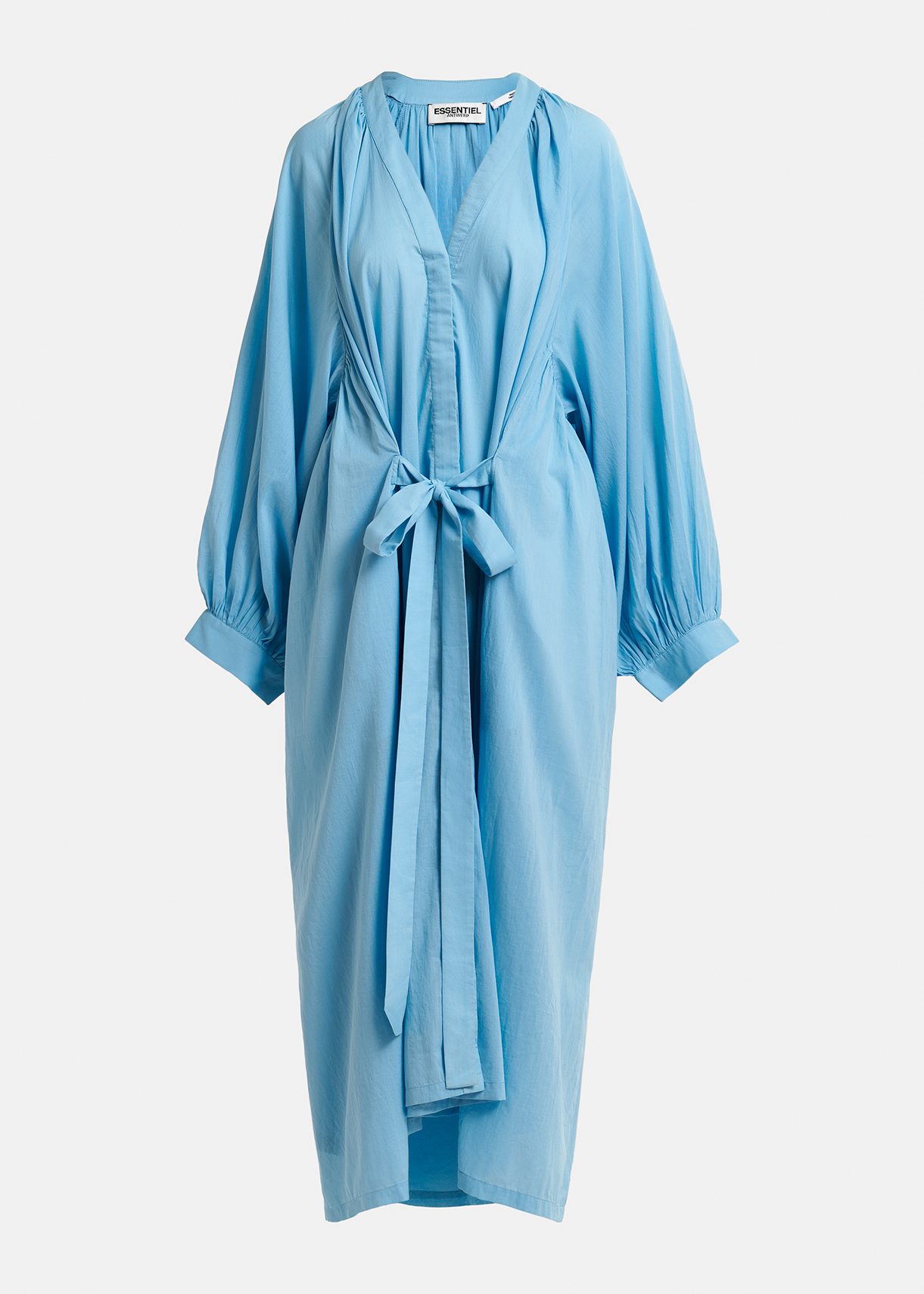 Blue cotton maxi-length dress with ties