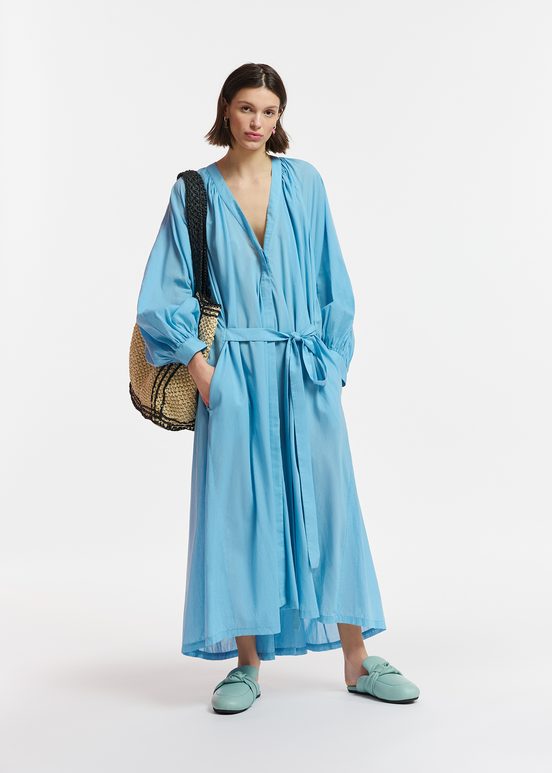 Blue cotton maxi-length dress with ties