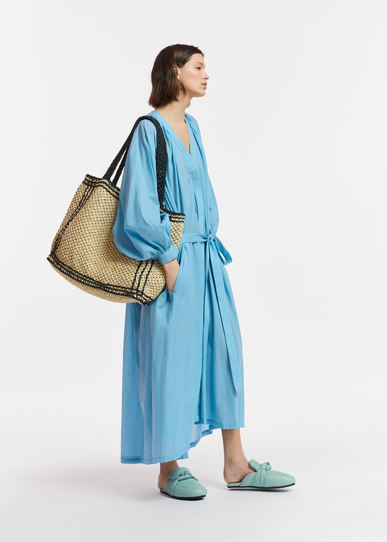 Blue cotton maxi-length dress with ties