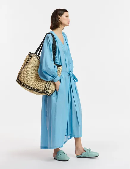 Blue cotton maxi-length dress with ties