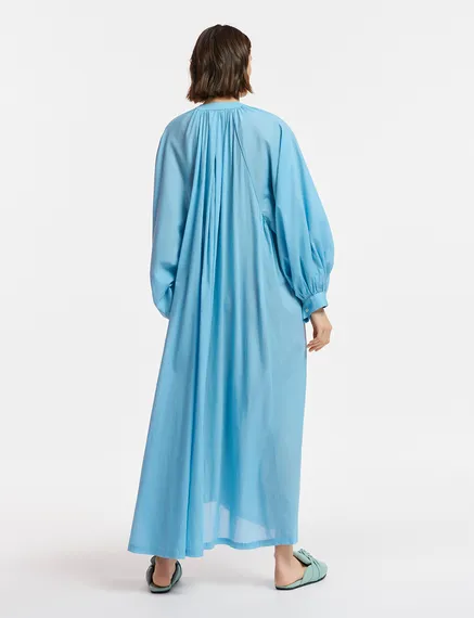 Blue cotton maxi-length dress with ties