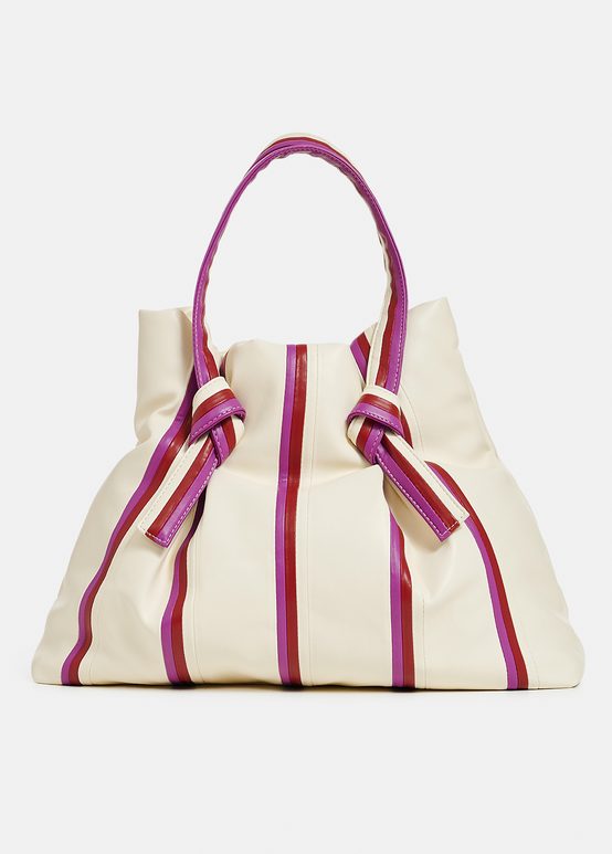 Ecru, purple and burgundy striped shopper bag