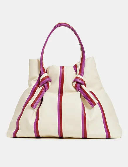 Ecru, purple and burgundy striped shopper bag