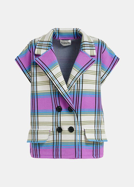 Off-white, purple and blue checked sleeveless cardigan