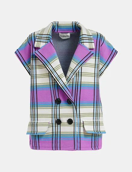 Off-white, purple and blue checked sleeveless cardigan