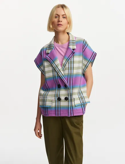 Off-white, purple and blue checked sleeveless cardigan