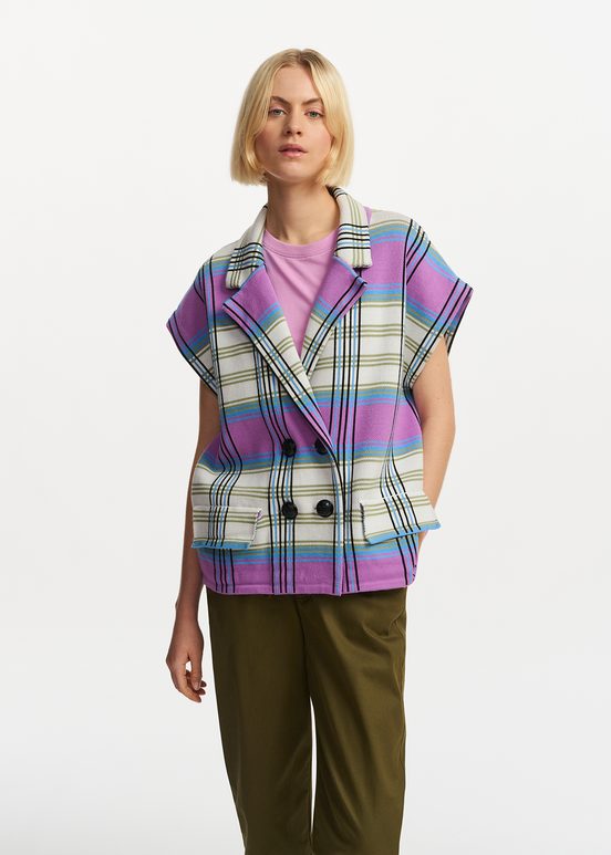 Off-white, purple and blue checked sleeveless cardigan