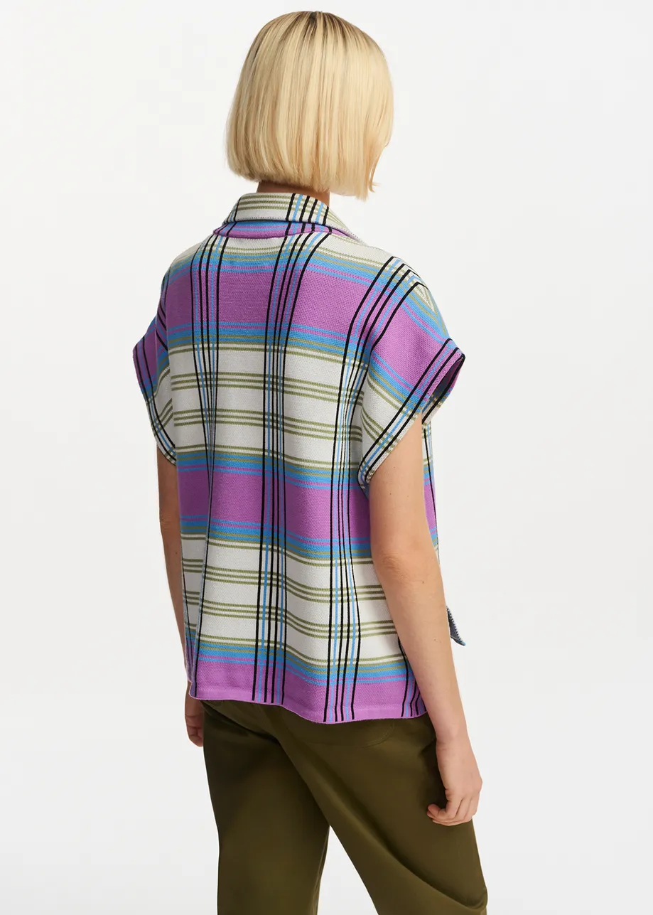 Off-white, purple and blue checked sleeveless cardigan