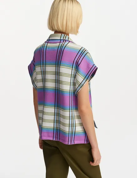 Off-white, purple and blue checked sleeveless cardigan