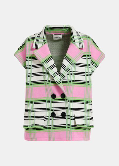 Off-white, pink and green checked sleeveless cardigan