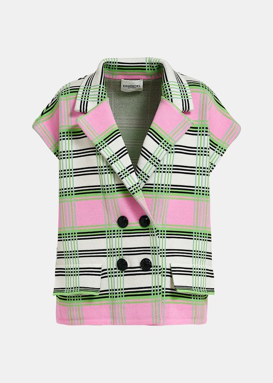 Off-white, pink and green checked sleeveless cardigan