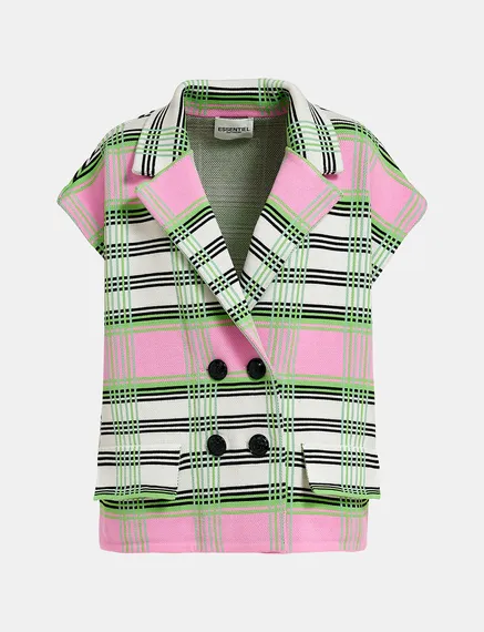 Off-white, pink and green checked sleeveless cardigan