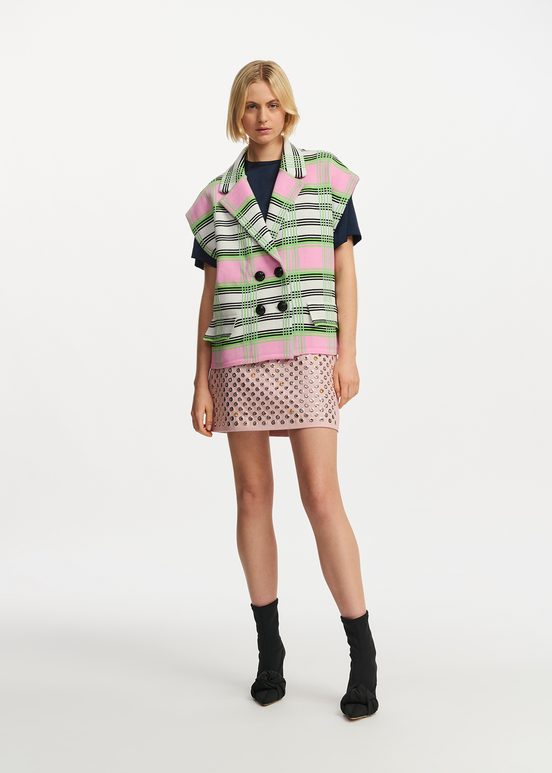 Off-white, pink and green checked sleeveless cardigan