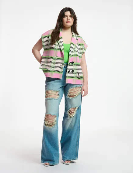 Off-white, pink and green checked sleeveless cardigan