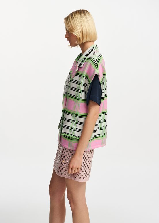 Off-white, pink and green checked sleeveless cardigan