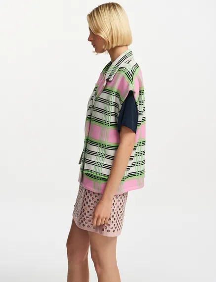 Off-white, pink and green checked sleeveless cardigan