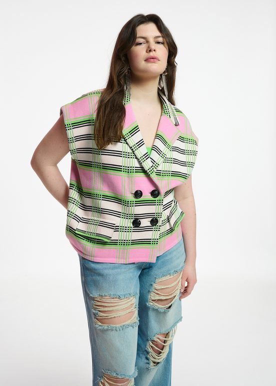 Off-white, pink and green checked sleeveless cardigan