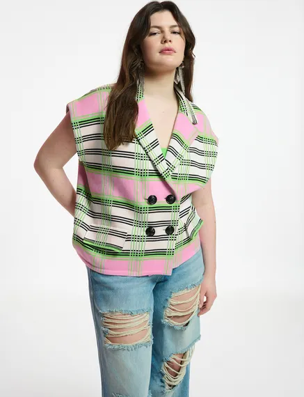 Off-white, pink and green checked sleeveless cardigan