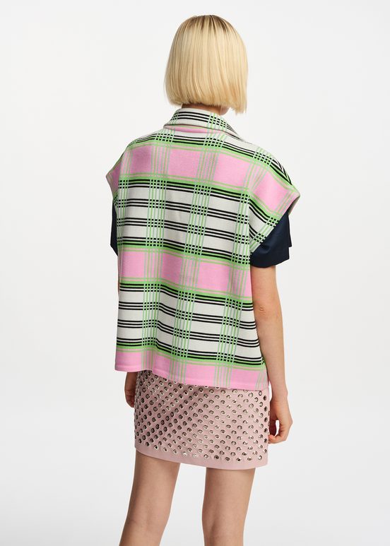 Off-white, pink and green checked sleeveless cardigan