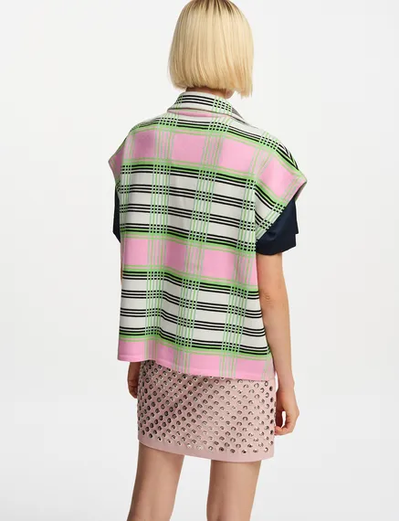 Off-white, pink and green checked sleeveless cardigan