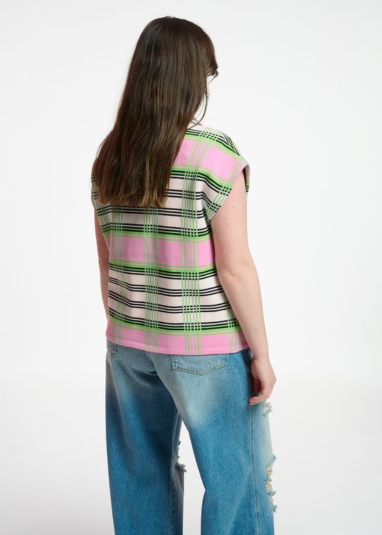 Off-white, pink and green checked sleeveless cardigan